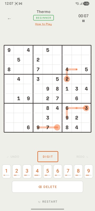 A Thermo sudoku puzzle in the app, with thermometer paths, a number pad, and Undo and Redo controls.